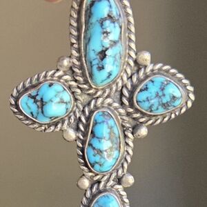 Verdy Jake Turquoise Nugget Silver Cross Pendant 2" Long